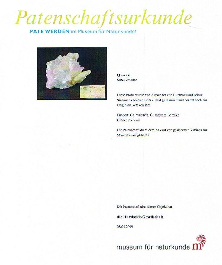 Patenschaftsurkunde des Naturkundemuseums